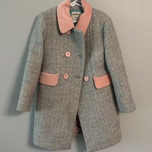 Mini Boden Herringbone Pea Coat with Pink Accents